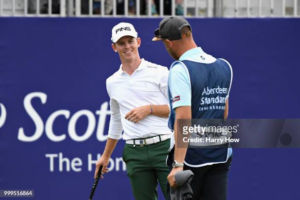 Brandon Stone of South Africa smiles as he lines up his putt on hole eighteen during day four of the Aberdeen Standard Investments Scottish Open at...