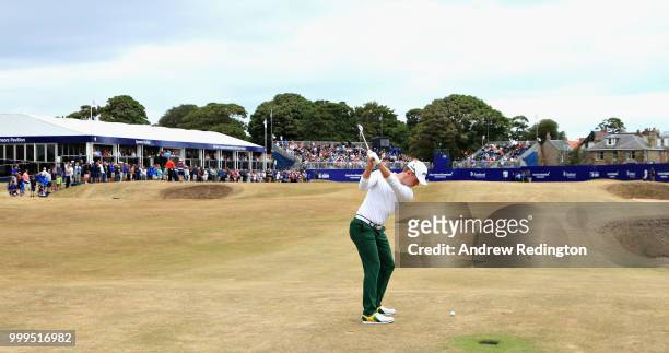 Brandon Stone of South Africa takes his second shot on hole eighteen during day four of the Aberdeen Standard Investments Scottish Open at Gullane...