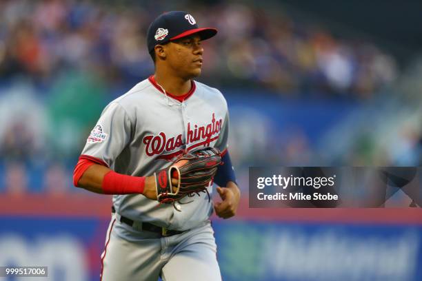 Juan Soto of the Washington Nationals in action against the New York Mets at Citi Field on July 13, 2018 in the Flushing neighborhood of the Queens...