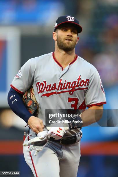 Bryce Harper of the Washington Nationals in action against the New York Mets at Citi Field on July 13, 2018 in the Flushing neighborhood of the...