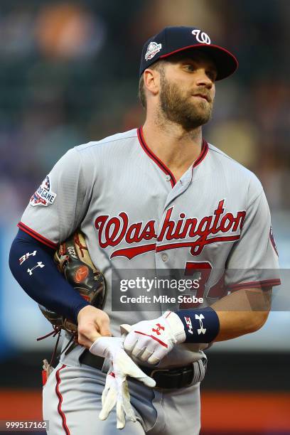 Bryce Harper of the Washington Nationals in action against the New York Mets at Citi Field on July 13, 2018 in the Flushing neighborhood of the...