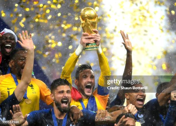 Hugo Lloris of France lifts the World Cup trophy to celebrate with his teammates after during the 2018 FIFA World Cup Final between France and...