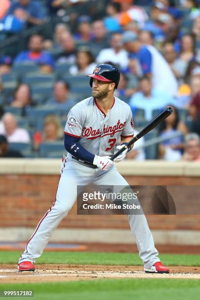 Bryce Harper of the Washington Nationals in action against the New York Mets at Citi Field on July 13, 2018 in the Flushing neighborhood of the...