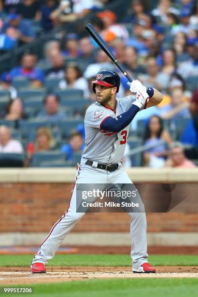 Bryce Harper of the Washington Nationals in action against the New York Mets at Citi Field on July 13, 2018 in the Flushing neighborhood of the...