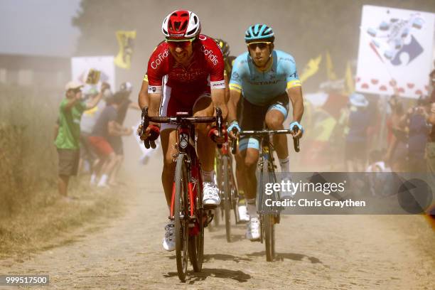 Christophe Laporte of France and Team Cofidis / Omar Fraile of Spain and Astana Pro Team /Mons-En-Pévèle Cobbles Sector 8 / Pave / during the 105th...