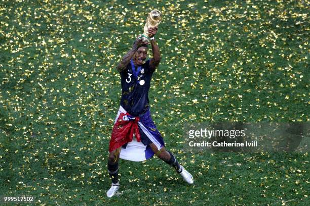 Presnel Kimpembe of France celebrates following his sides victory in the 2018 FIFA World Cup Final between France and Croatia at Luzhniki Stadium on...