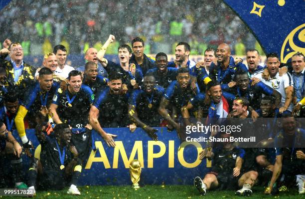 France players celebrate winning the World Cup following the 2018 FIFA World Cup Final between France and Croatia at Luzhniki Stadium on July 15,...