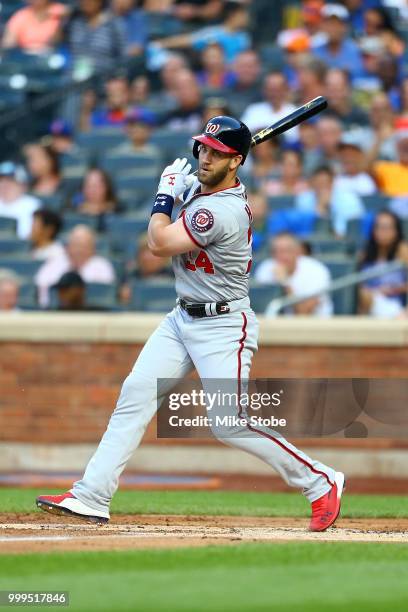 Bryce Harper of the Washington Nationals in action against the New York Mets at Citi Field on July 13, 2018 in the Flushing neighborhood of the...