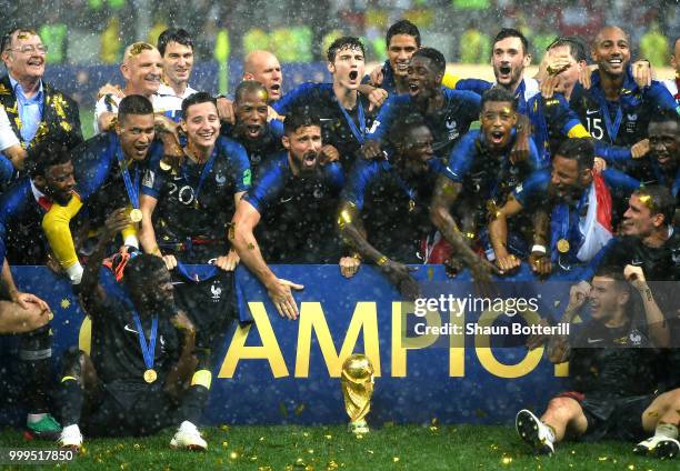 France players celebrate winning the World Cup following the 2018 FIFA World Cup Final between France and Croatia at Luzhniki Stadium on July 15,...