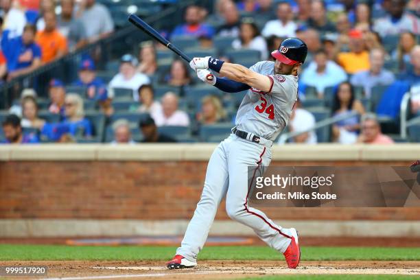 Bryce Harper of the Washington Nationals in action against the New York Mets at Citi Field on July 13, 2018 in the Flushing neighborhood of the...