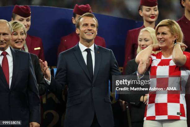 French president Emmanuel Macron with Croatia president Kolinda Grabar-Kitarovic during the 2018 FIFA World Cup Russia Final between France and...