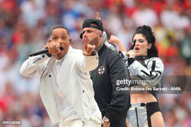 Nicky Jam, Era Istrefi and Will Smith perform at the closing ceremony prior to the 2018 FIFA World Cup Russia Final between France and Croatia at...