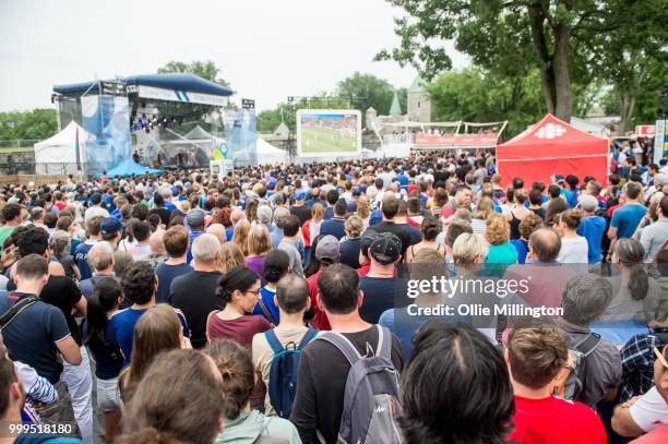 French Canadian football fans watching the 2018 football World Cup final outside the Quebec Parliment building on day 11 of the 51st Festival d'ete...