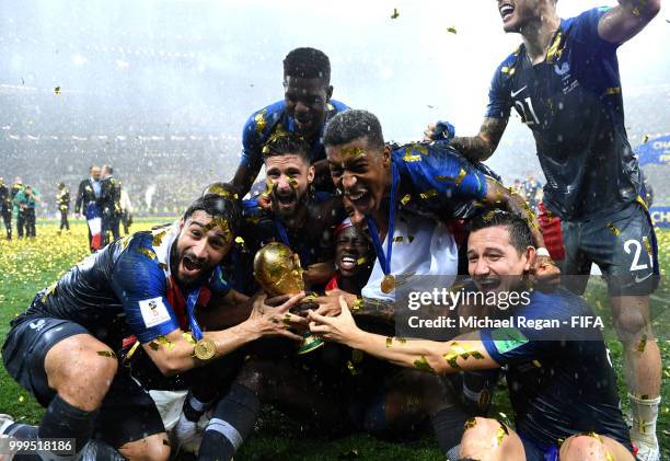 France players celebrate winning the World Cup following the 2018 FIFA World Cup Final between France and Croatia at Luzhniki Stadium on July 15,...