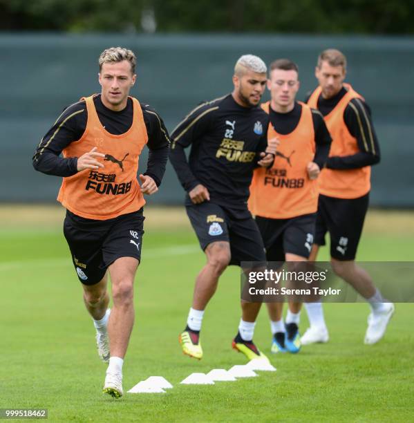 Jamie Sterry leads the warm up during the Newcastle United Training session at Carton House on July 15 in Kildare, Ireland.