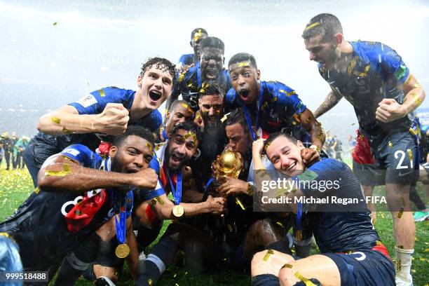 France players celebrate winning the World Cup following the 2018 FIFA World Cup Final between France and Croatia at Luzhniki Stadium on July 15,...