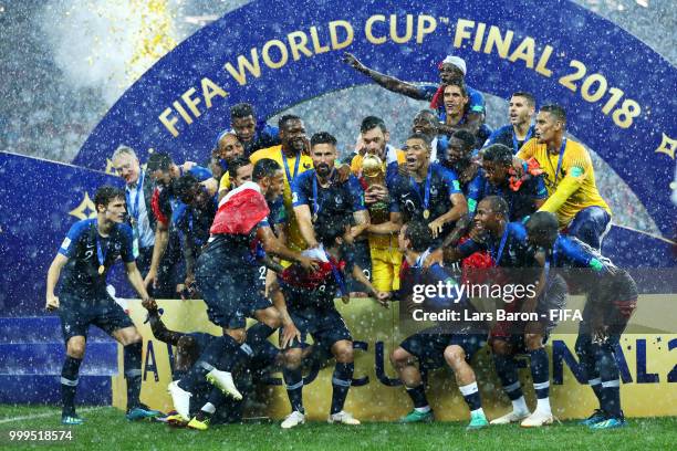 France players celebrate winning the World Cup following the 2018 FIFA World Cup Final between France and Croatia at Luzhniki Stadium on July 15,...