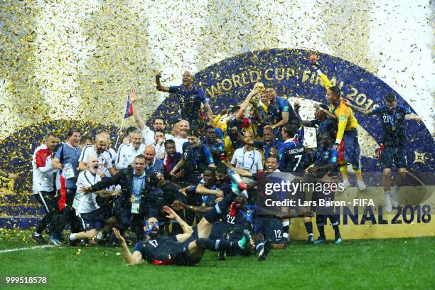 France players celebrate winning the World Cup following the 2018 FIFA World Cup Final between France and Croatia at Luzhniki Stadium on July 15,...