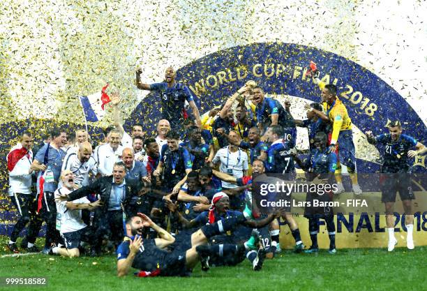 France players celebrate winning the World Cup following the 2018 FIFA World Cup Final between France and Croatia at Luzhniki Stadium on July 15,...