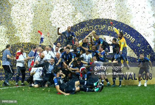 France players celebrate winning the World Cup following the 2018 FIFA World Cup Final between France and Croatia at Luzhniki Stadium on July 15,...