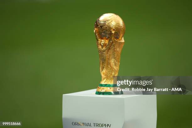 General View of of the FIFA World Cup trophy prior to the 2018 FIFA World Cup Russia Final between France and Croatia at Luzhniki Stadium on July 15,...
