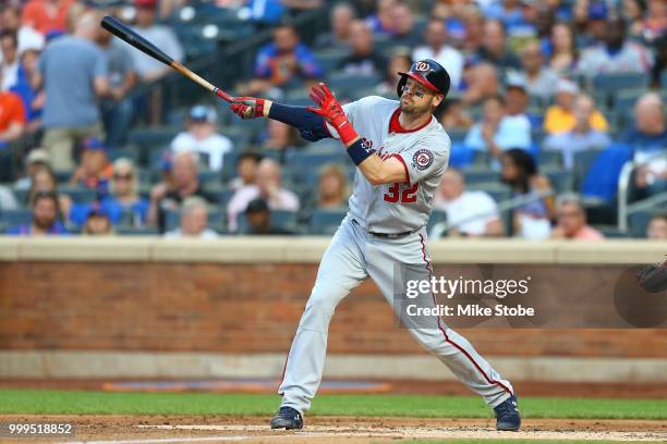 Matt Wieters of the Washington Nationals in action against the New York Mets at Citi Field on July 13, 2018 in the Flushing neighborhood of the...