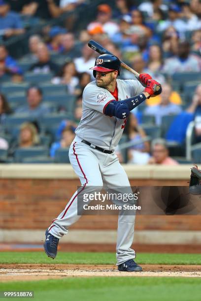 Matt Wieters of the Washington Nationals in action against the New York Mets at Citi Field on July 13, 2018 in the Flushing neighborhood of the...