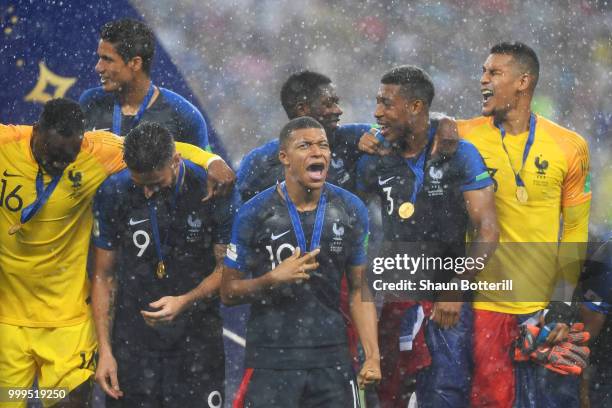 Kylian Mbappe of France celebrates victory following the 2018 FIFA World Cup Final between France and Croatia at Luzhniki Stadium on July 15, 2018 in...