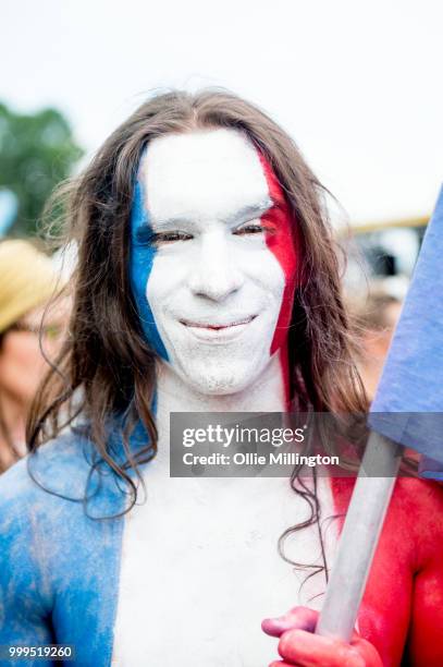 French Canadian football fans react as France win the Russia 2018 World Cup final football match against Croatia outside the Quebec Parliment...