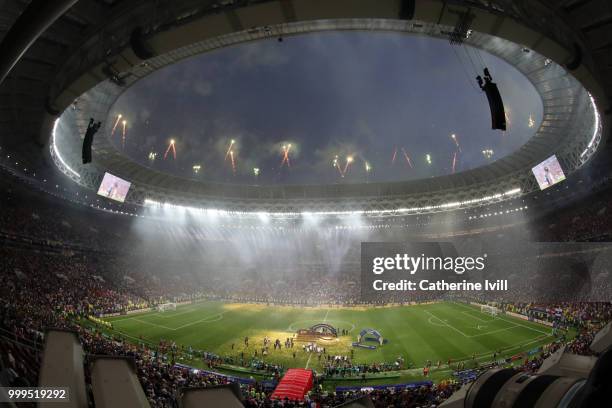 General view inside the stadium as France celebrate with the World Cup Trophy following their sides victory in the 2018 FIFA World Cup Final between...