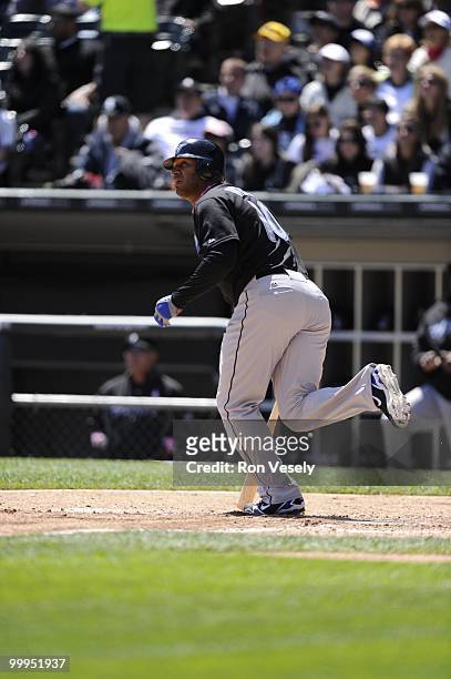 Vernon Wells of the Toronto Blue Jays hits a home run against the Chicago White Sox on May 9, 2010 at U.S. Cellular Field in Chicago, Illinois. The...