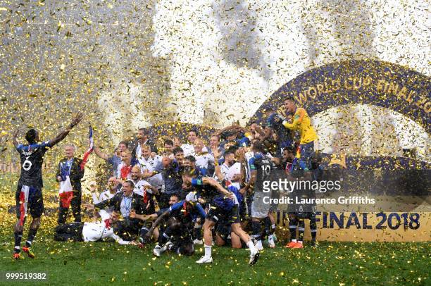 France players celebrate winning the World Cup following the 2018 FIFA World Cup Final between France and Croatia at Luzhniki Stadium on July 15,...