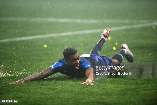 Presnel Kimpembe of France celebrates victory following the 2018 FIFA World Cup Final between France and Croatia at Luzhniki Stadium on July 15, 2018...