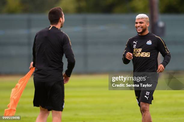 DeAndre Yedlin smiles at Javier Manquillo during the Newcastle United Training session at Carton House on July 15 in Kildare, Ireland.