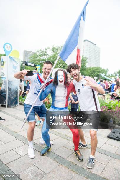French Canadian football fans react as France win the Russia 2018 World Cup final football match against Croatia outside the Quebec Parliment...