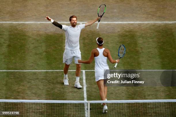 Alexander Peya of Austria and Nicole Melichar of The United States celebrate match point against Jamie Murray of Great Britain and Victoria Azarenka...