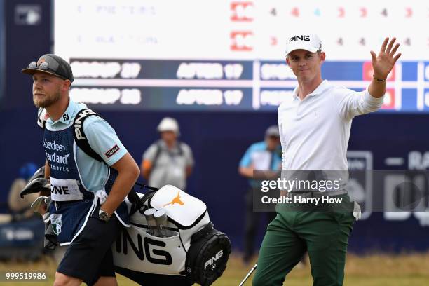 Brandon Stone of South Africa waves to the crowd on hole eighteen during day four of the Aberdeen Standard Investments Scottish Open at Gullane Golf...