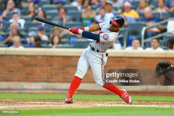 Wilmer Difo of the Washington Nationals in action against the New York Mets at Citi Field on July 13, 2018 in the Flushing neighborhood of the Queens...