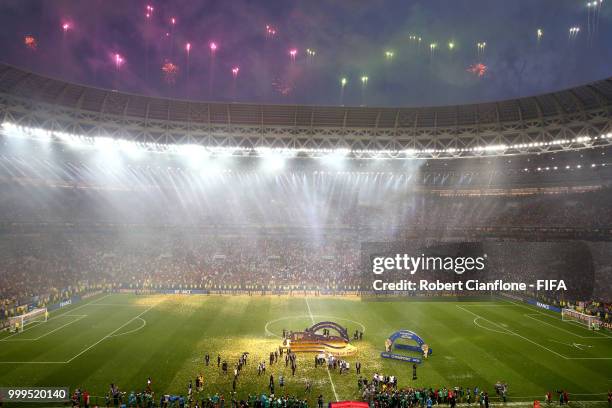 General view inside the stadium as fireworks are set off as France celebrate with the World Cup Trophy following their sides victory in the 2018 FIFA...