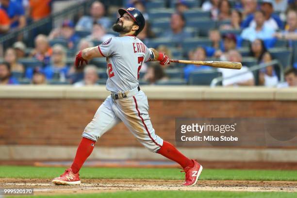 Adam Eaton of the Washington Nationals in action against the New York Mets at Citi Field on July 13, 2018 in the Flushing neighborhood of the Queens...