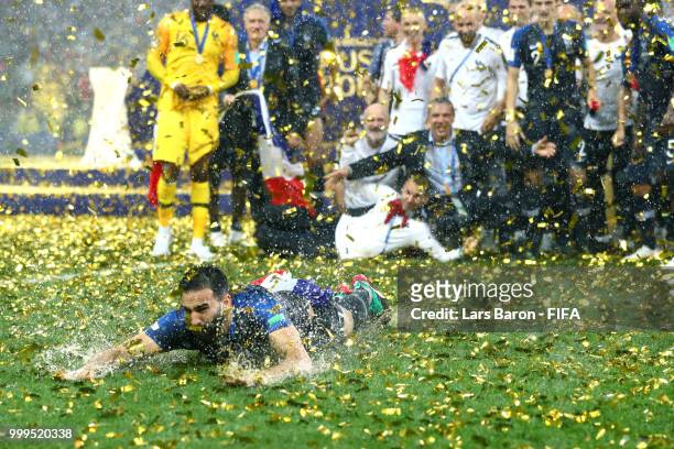 Adil Rami of France celebrates victory following the 2018 FIFA World Cup Final between France and Croatia at Luzhniki Stadium on July 15, 2018 in...