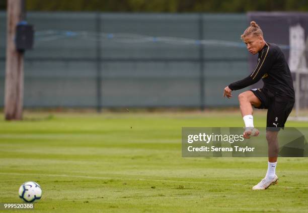 Dwight Gayle strikes the ball during the Newcastle United Training session at Carton House on July 15 in Kildare, Ireland.