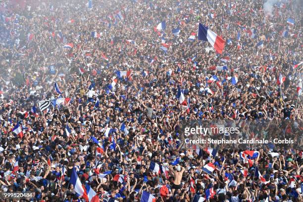 General view of the Fan Zone at the 'Champs de Mars' after the victory of France against Croatia during the World Cup Final, at the Champs de Mars on...