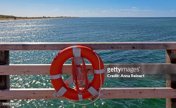lifebuoy on a wooden railing, wustrow, fischland-darss-zingst, mecklenburg-western pomerania, germany - pomerania stock pictures, royalty-free photos & images