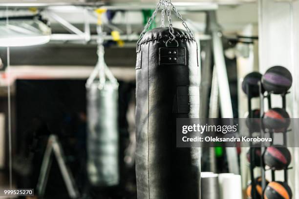 empty modern gym with punching bags and other training equipment. - training equipment stock pictures, royalty-free photos & images