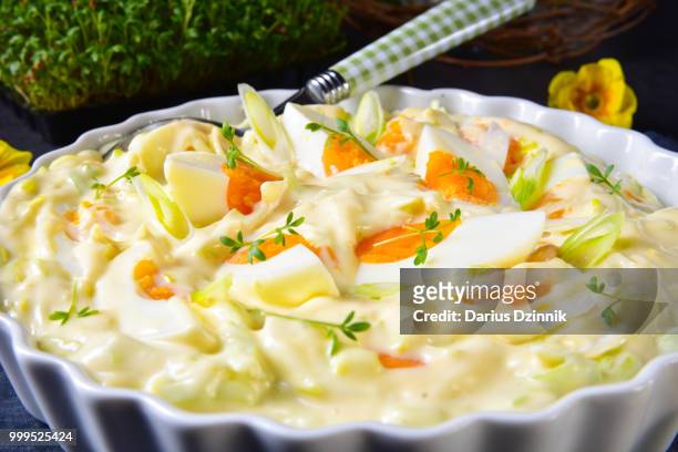 spring egg salad with leek and garden cress - leek stock pictures, royalty-free photos & images