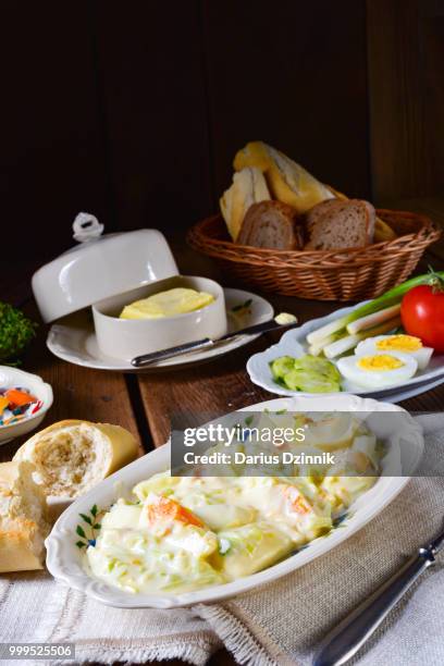 rustic spring egg salad with leek - leek stock pictures, royalty-free photos & images