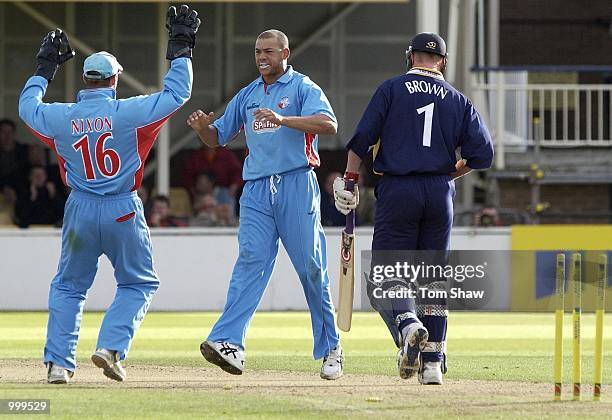 Andrew Symonds of Kent celebrates taking the wicket of Ali Brown of Warwickshire during the Warwickshire Bears v Kent Spitfire Norwich Union League...