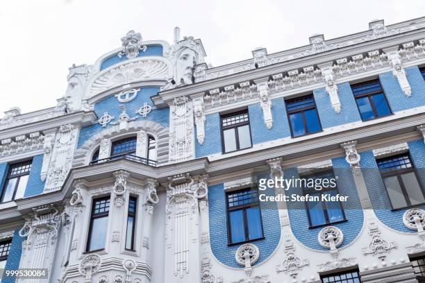 facade of the building in no. 10b elizabetes iela street, art nouveau, by architect mikhail eisenstein, riga, latvia - riga stock pictures, royalty-free photos & images
