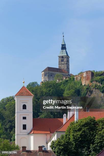 monastery church and burg guessing castle, stremtal valley, southern burgenland, burgenland, austria - burg stock pictures, royalty-free photos & images